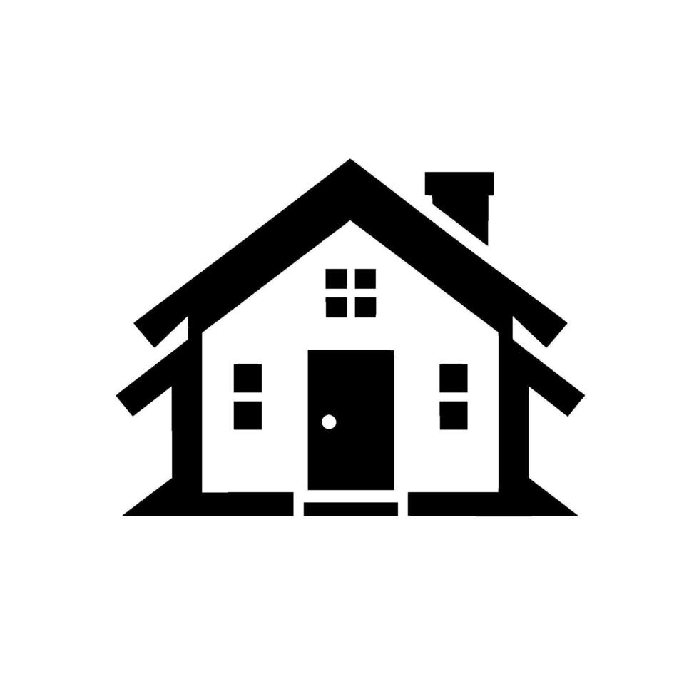 Minimalist Black and White Illustration of a House, Featuring a Gable Roof, Chimney, and Simple Door, Against a Clean White Backdrop. vector