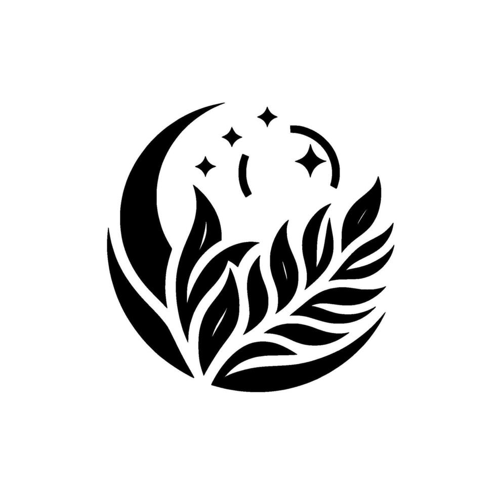 A minimalist, black and white circular emblem featuring a crescent moon, stars, and stylized leaves. vector