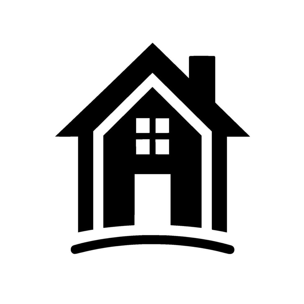Simple, bold black and white illustration of a house, featuring a symmetrical , chimney, and a curved base, set against a textured white background, evoking notions of home and security. vector
