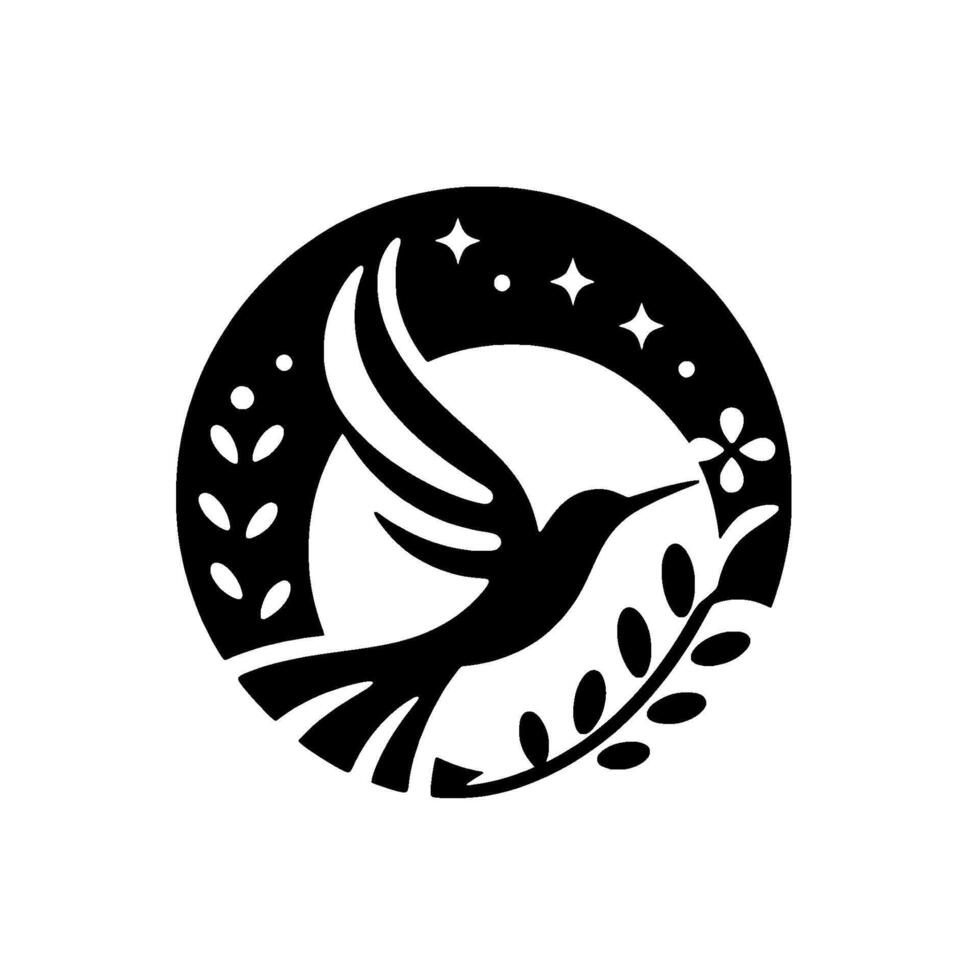 Serene Black and White Circle Emblem Hummingbird in Flight, Surrounded by Botanical Elements, Embracing Peace and Natures Grace. vector