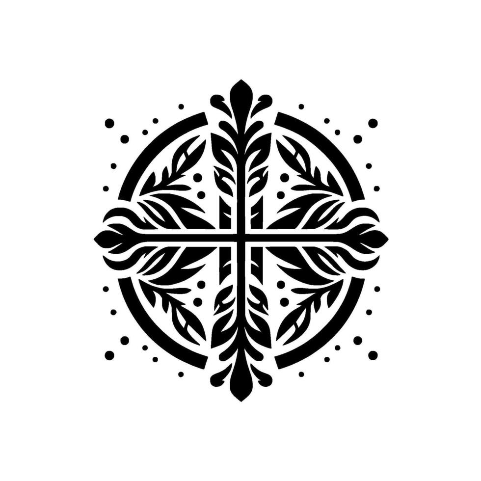 Intricate Black and White Circular Cross Ornament with Foliage Detailing, Surrounded by Scattered Dots, Isolated on White. vector