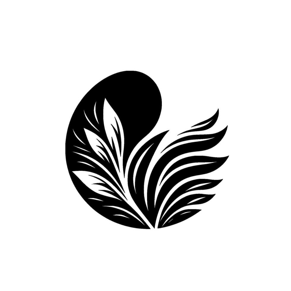 Minimalist black and white showcasing stylized leaves and a flowing form reminiscent of a floral or organic element within a circular space. vector