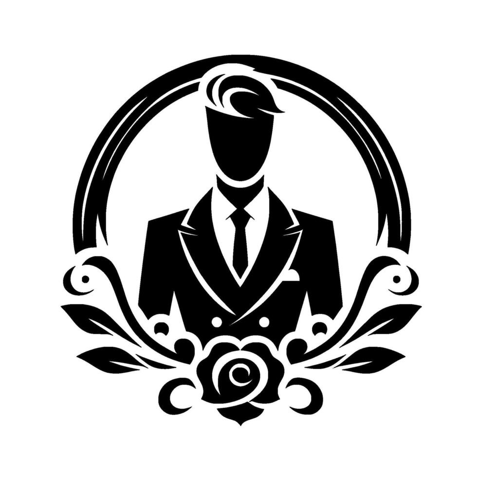 A stylized black and white illustration of a man in a suit, framed within a circular border adorned with floral and leaf elements, elegant and minimalist. vector