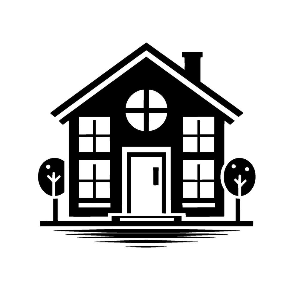 A sleek, stylized black and white illustration of a house with a chimney, circular window, rectangular windows, and two minimalist trees. vector