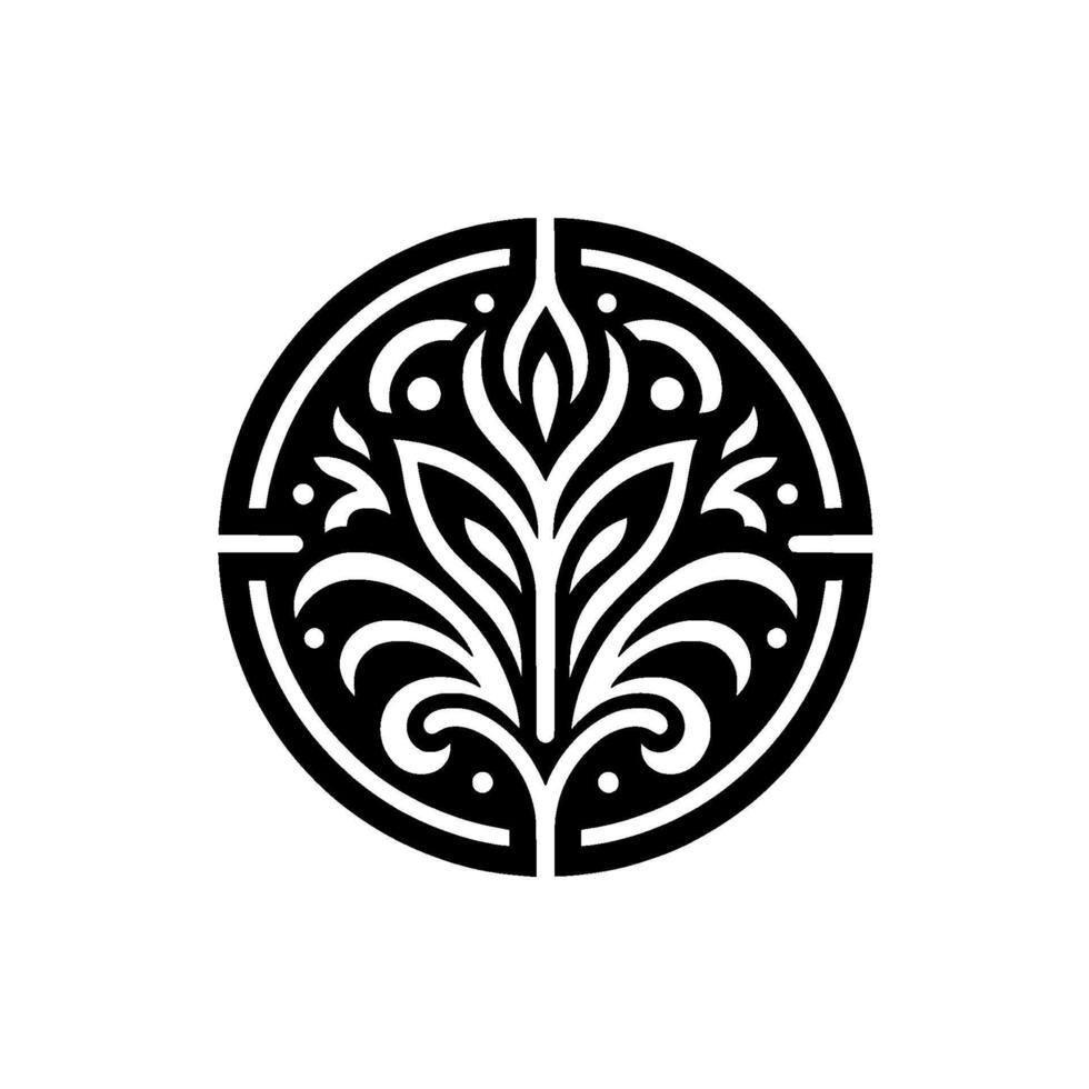 Ornate Black and White Floral Emblem within a Circular Frame, Featuring Intricate Leafy Designs and Dot Accents, Ideal for Usage. vector