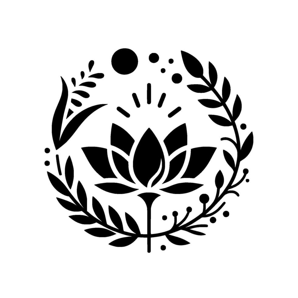 Elegant black and white minimalist featuring a lotus flower at the center, surrounded by a wreath of leaves, dots, and sunbeams against a white background. vector