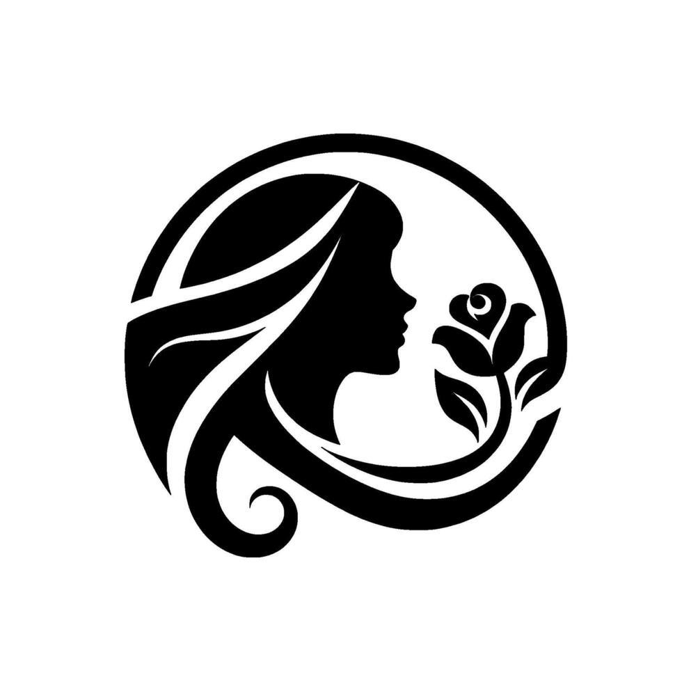 Elegant Silhouette Womans Profile Admiring a Rose Within a Circular Frame, A Black and White Minimalist Emblem vector