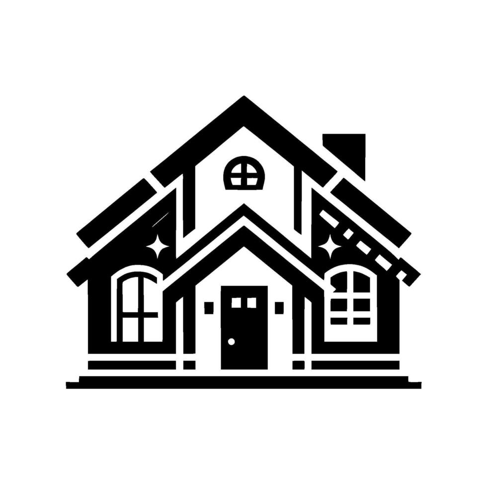 A stylized black and white illustration of a charming house with a gabled roof, arched windows, and a welcoming door, set against a clean white backdrop. vector