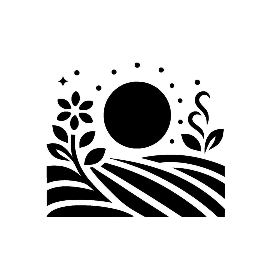 Monochrome Farm Scene Sun, Fields, and Flora Under the Night Sky Depicted in a Clean, Minimalist Style. vector