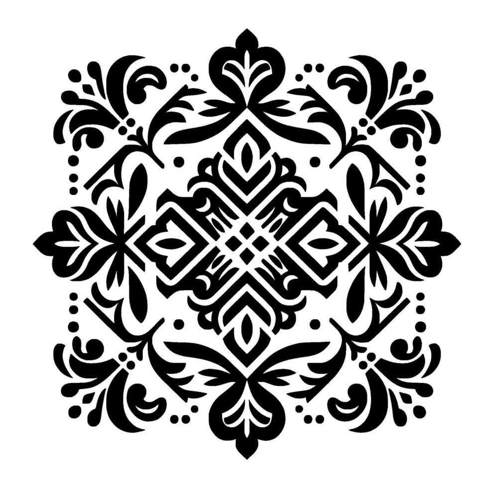 Intricate black and white symmetrical floral featuring stylized leaves, curves, and geometric center elements, suggesting elegance. vector