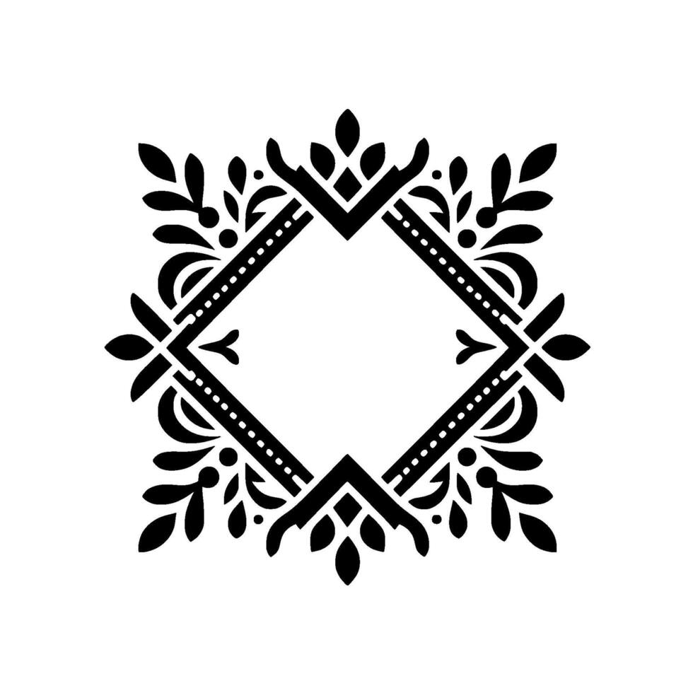 Intricate symmetrical black floral with geometric central diamond, dotted lines, leaf motifs, and elegant flourishes on a white background, perfect for decorative elements. vector