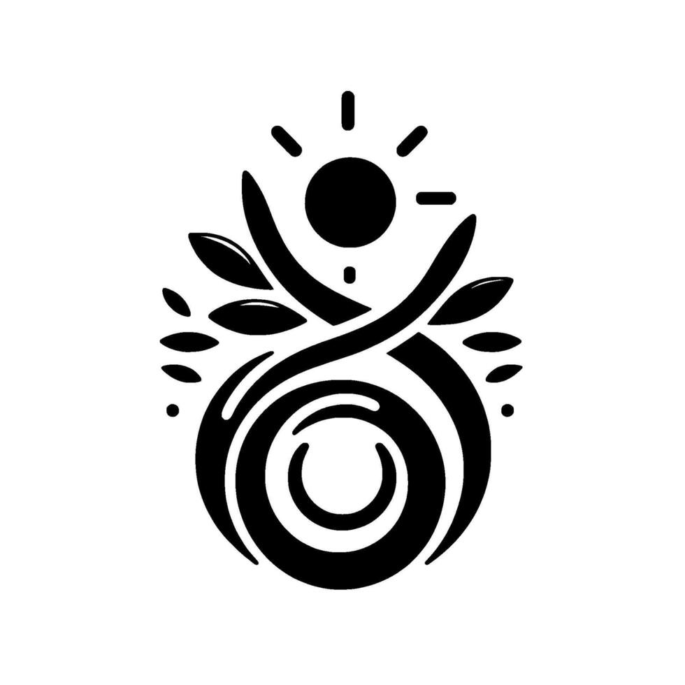 A stylized black and white representing natures harmony sun, leaves, and spiral , evoking growth, and balance. vector