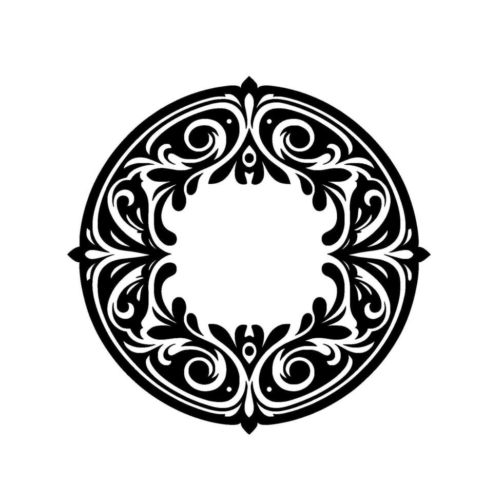 Ornate Black and White Circular Featuring Flowing Floral and Scroll Elements, Forming a Decorative Frame vector