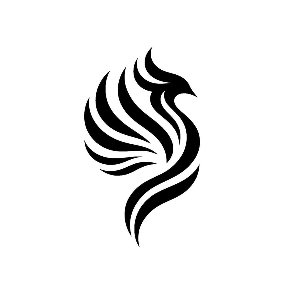 A minimalist black and white phoenix , with abstract feather details, gracefully curved and streamlined on a bright white background, perfect for branding. vector