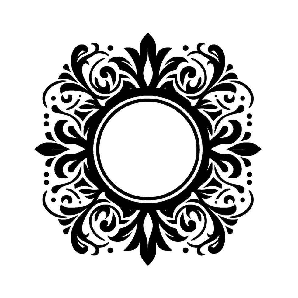 A symmetrical black and white ornate circular frame featuring intricate scrollwork, leaves, and a blank center for text. vector