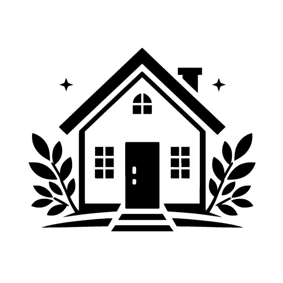 Vectorized, minimalist illustration of a house, with foliage and stars, embodying home and natures harmony, perfect for ecofriendly branding. vector