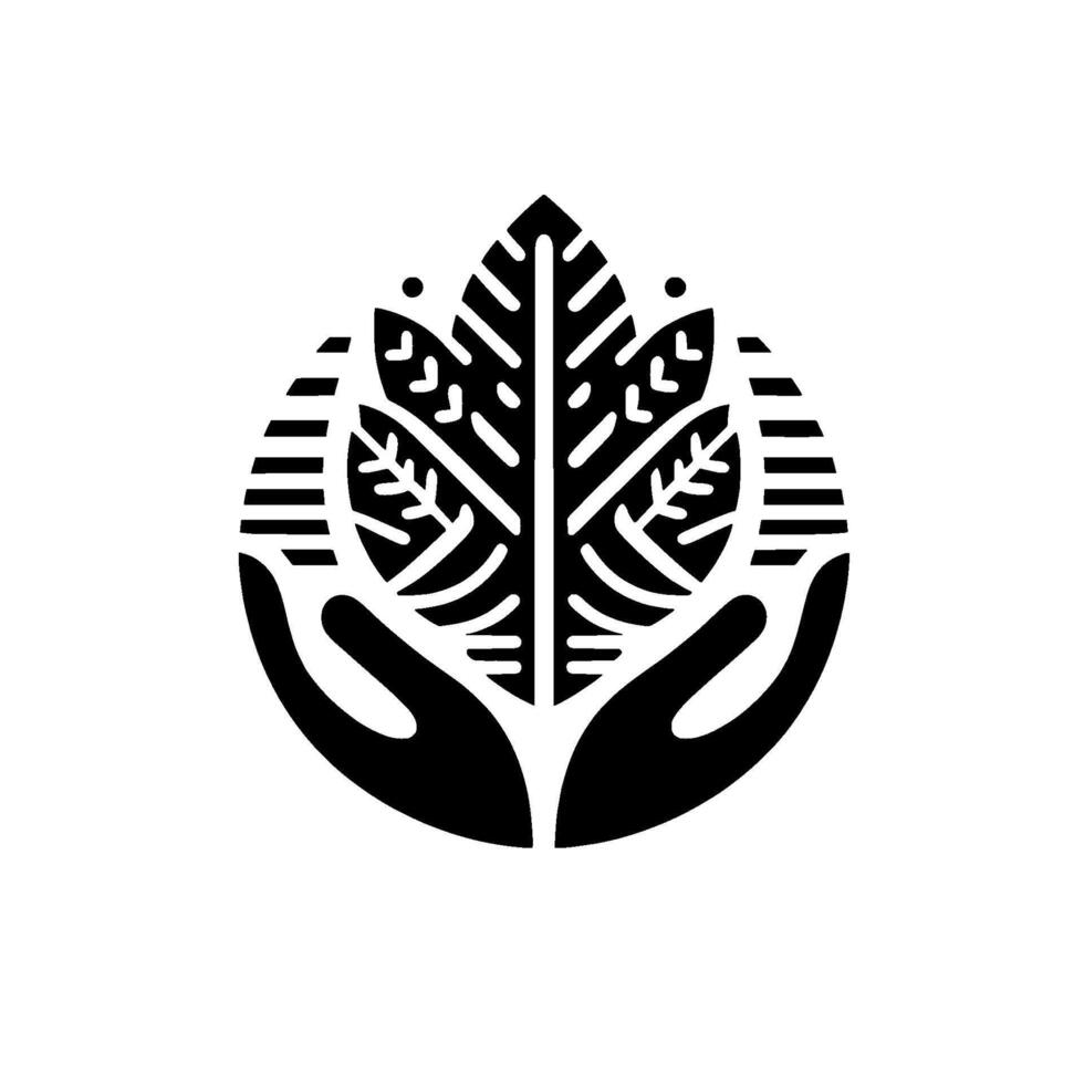 A stylized, symmetrical features a leaflike motif nestled within two cupped hands, evoking themes of nurture, nature, and care in a minimalist, black and white . vector