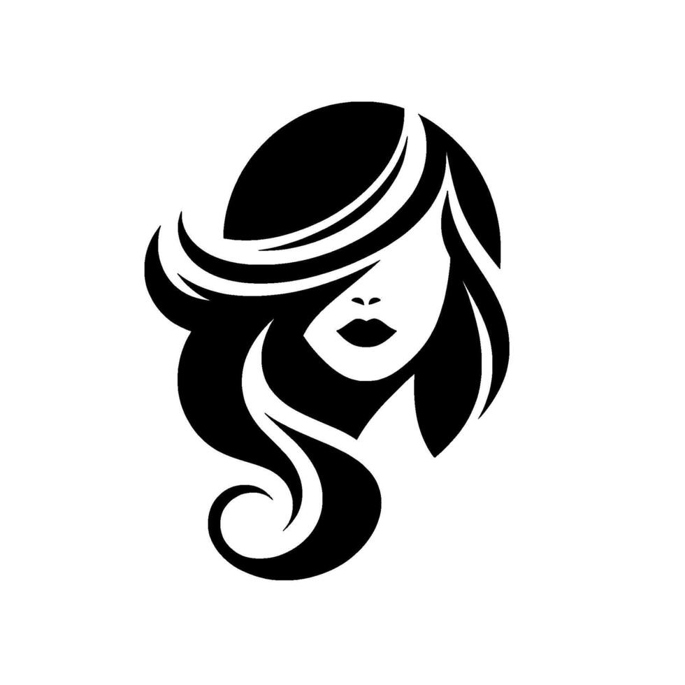 Elegant Black and White Silhouette of a Woman with Flowing Hair, Partially Obscured Face, and Bold Lips. vector