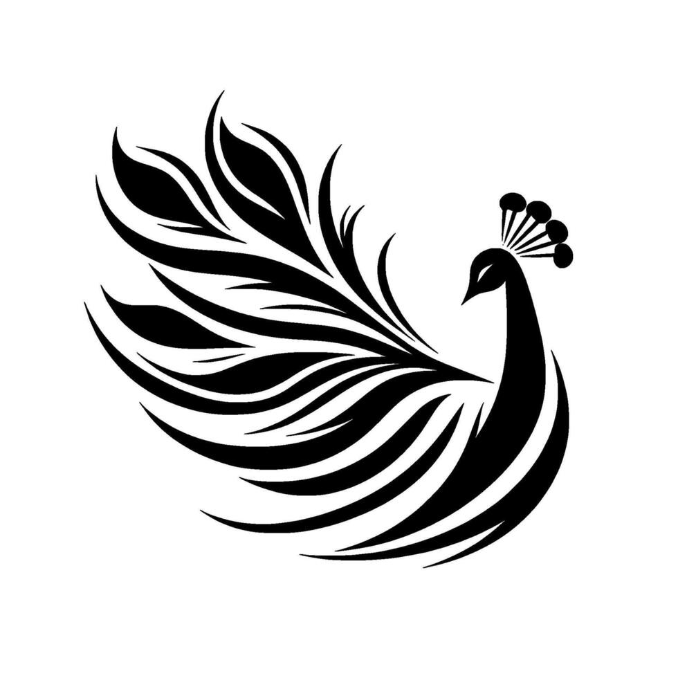 Elegant Black Peacock Silhouette Stylized illustration featuring a graceful peacock with flowing feathers and a detailed crest on a clean white background, showcasing minimalism. vector