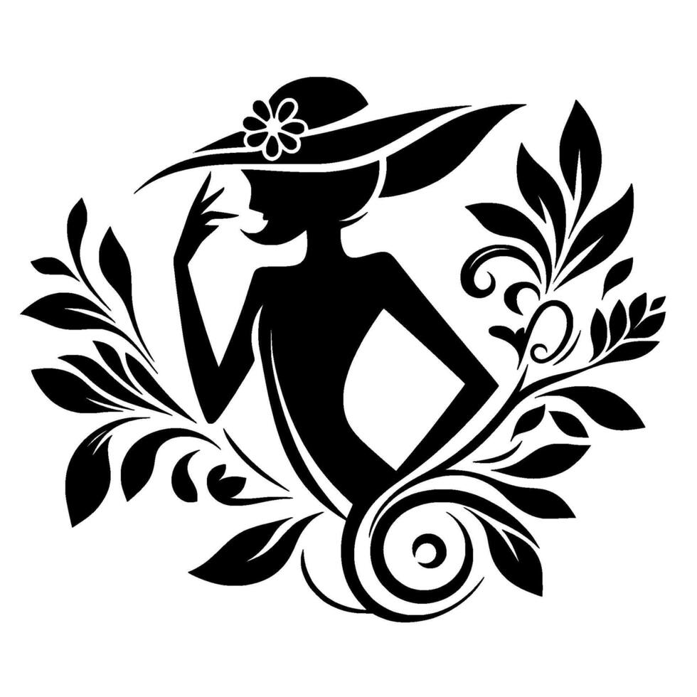 Elegant Silhouette A stylized woman in a widebrimmed hat adorned with a flower, surrounded by floral embellishments, in stark black and white. vector
