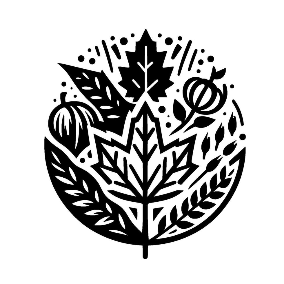 A stylized monochrome circular arrangement, featuring various autumn elements like leaves, pumpkin, and floral details, evoking harvest and seasonal themes. vector