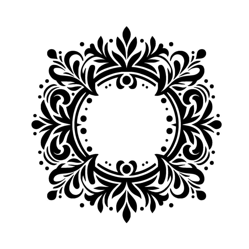 Ornate, circular black and white floral featuring symmetrical flourishes and decorative leaves framing a central empty circle, creating an elegant, vintageinspired frame. vector
