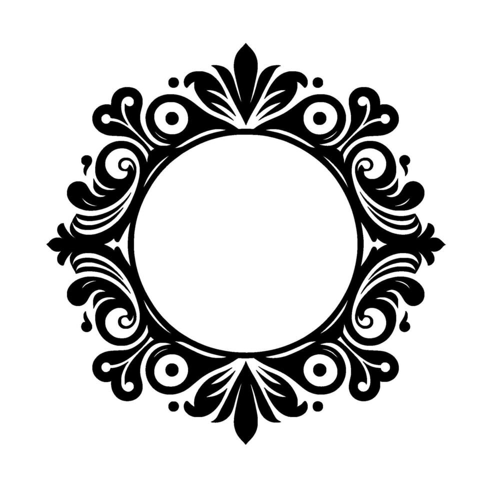 Intricate Black and White Circular Frame with Floral and Swirl Elements, Perfect for Embellishment or Decoration. vector