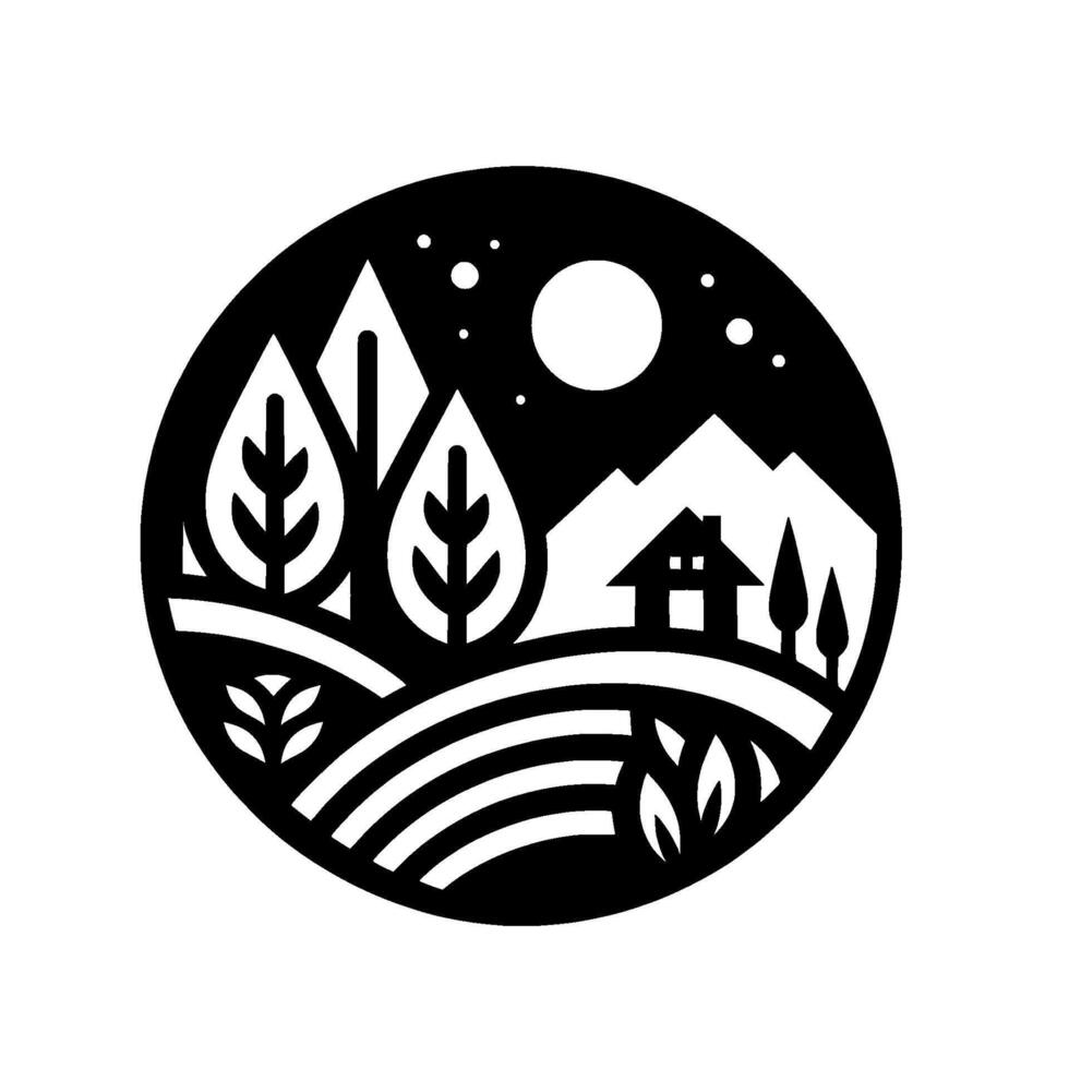 A monochrome, minimalist, circular depicting a serene night landscape with a house nestled beneath mountains, trees, and a full moon in a starry sky, symbolizing peace. vector