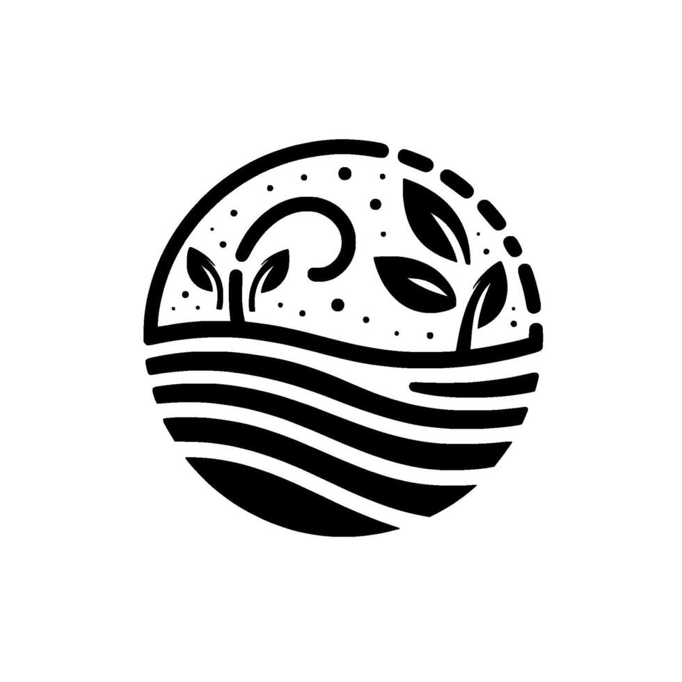 A stylized, minimalistic circular illustration featuring sprouting leaves, a flowing line, and dots, representing growth and nature in black and white. vector