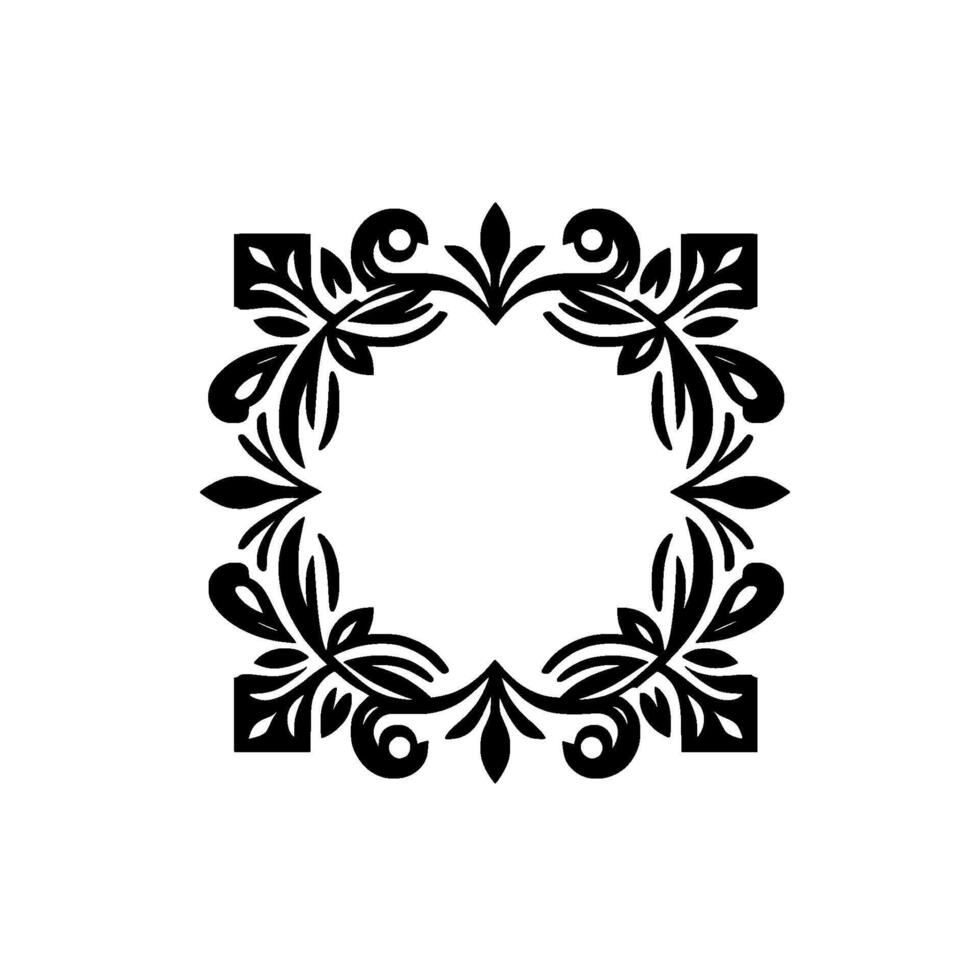 Elegant Black Floral Frame Symmetrical with Leaf and Curl Motifs, Surrounding Empty Center on White Background. vector