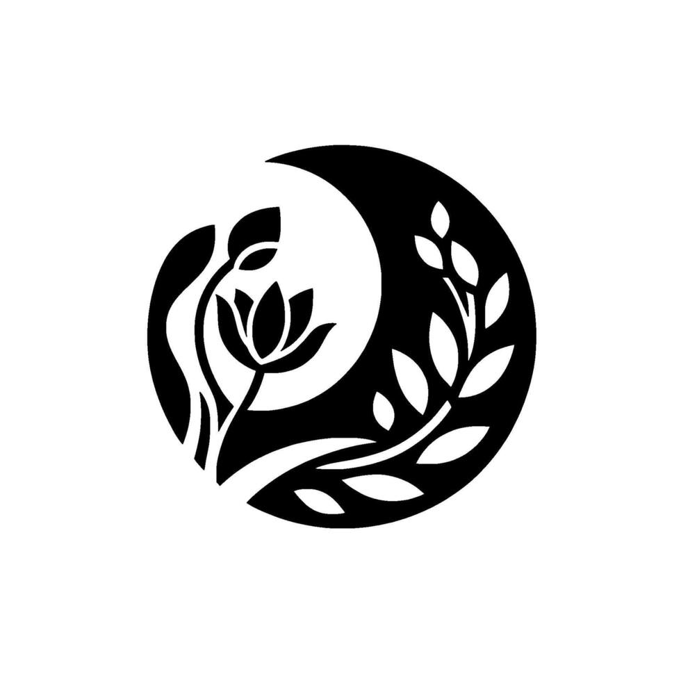 Stylized Monochrome Floral Emblem A crescent moon frame cradles a budding flower and a sprig of leaves, elegantly composed. vector