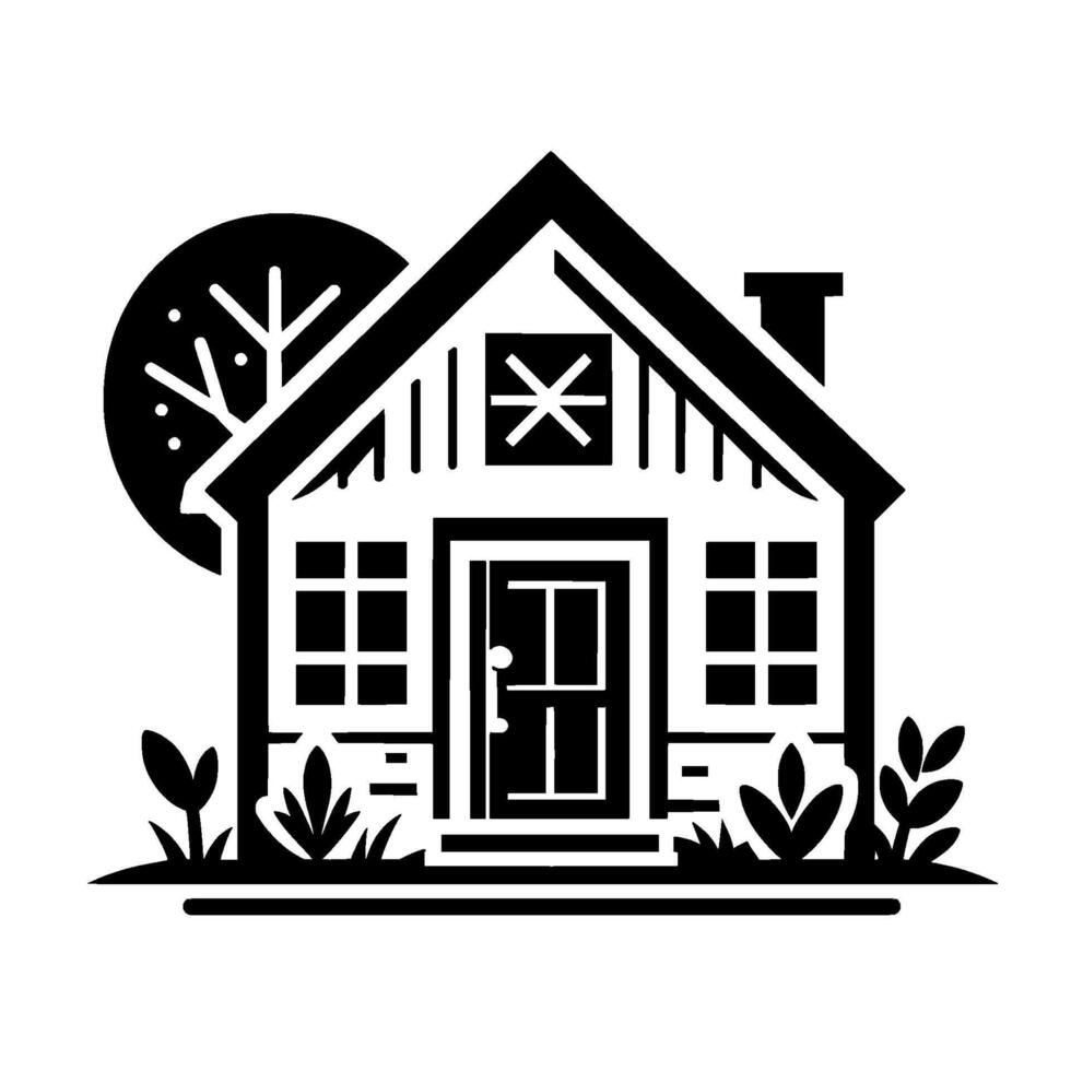 A Minimalist Black and White Illustration of a House with a Tree, Shrubs, Windows, and a Chimney, Representing Home and Nature. vector