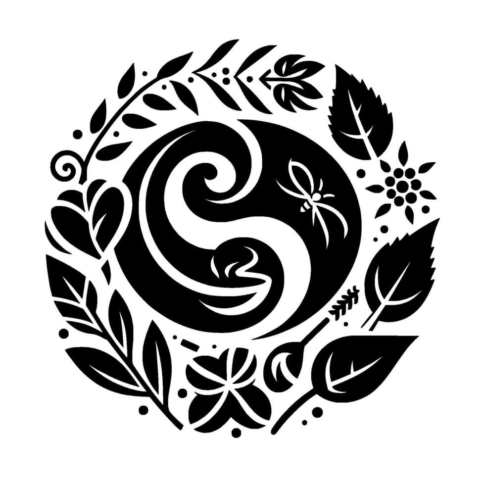 Intricate Black and White Floral Mandala Featuring a Central Swirl Motif, Leafy Garland, and Delicate Insect, Representing Balance and Harmony. vector