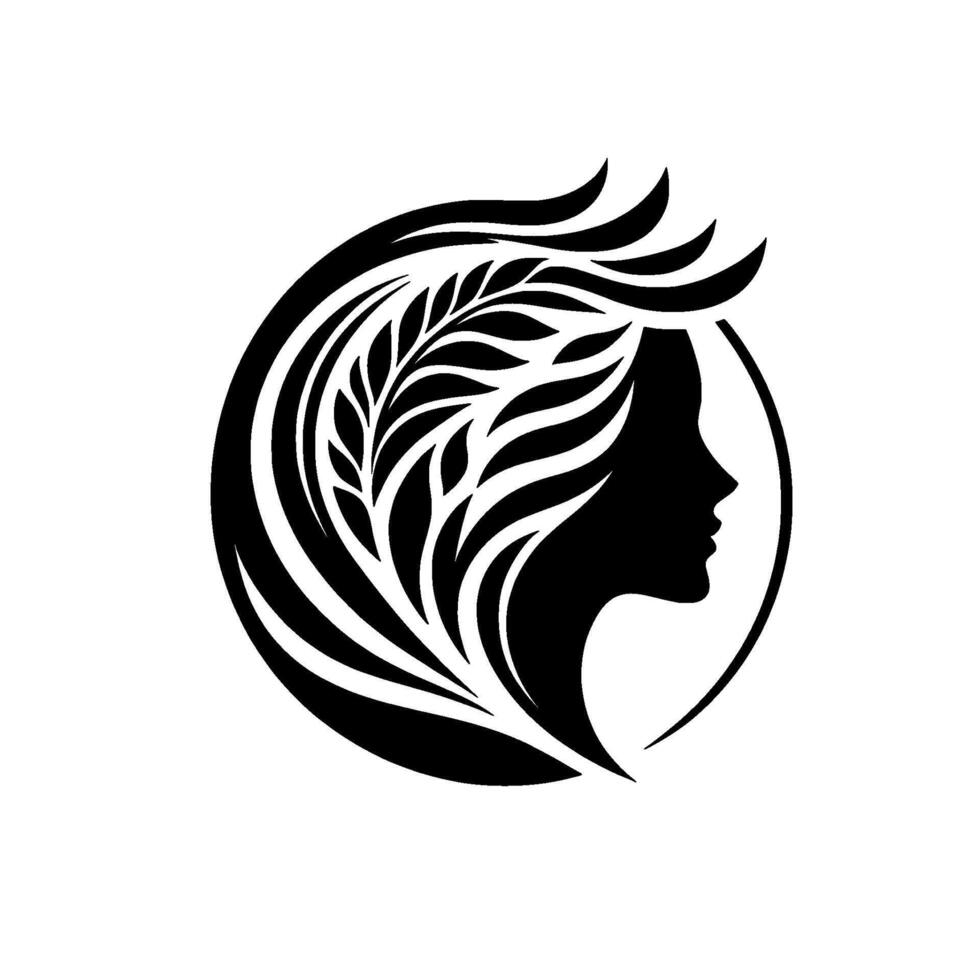 Elegant Silhouette of a Womans Profile Encircled, Hair Composed of Leaves and Flowing Strands, Symbolizing Nature and Beauty. vector