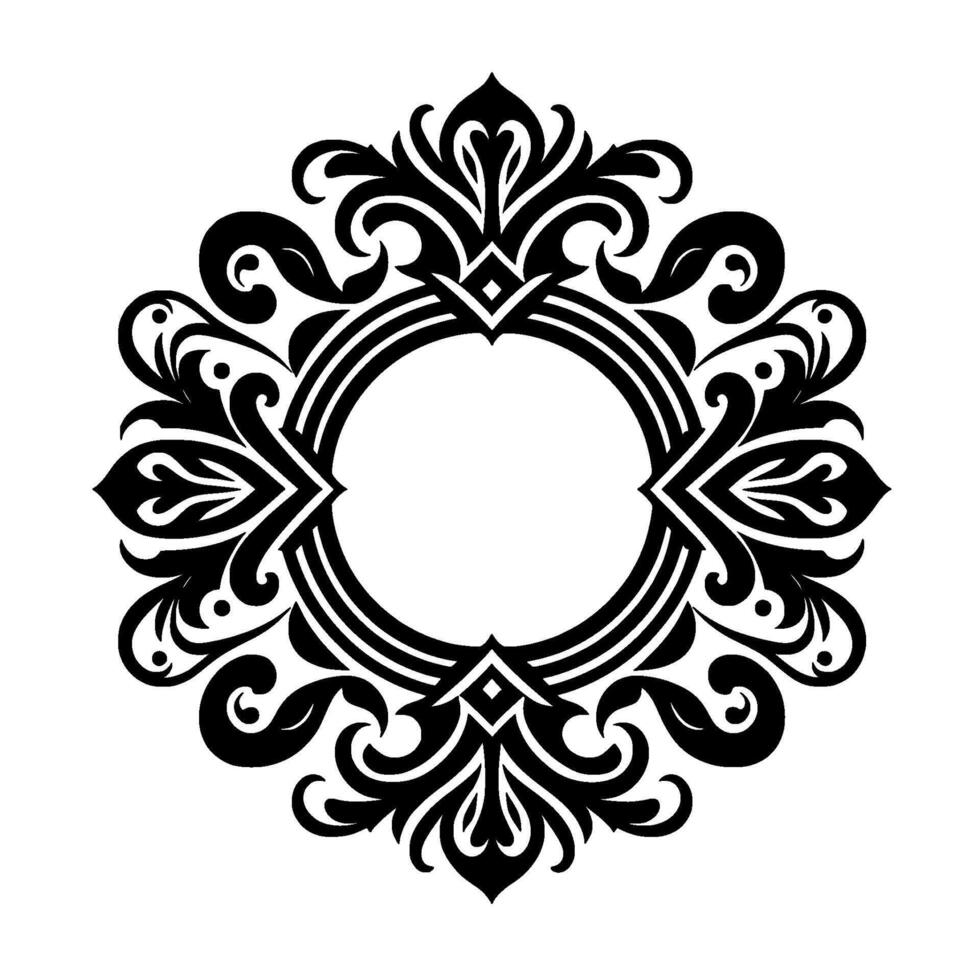 Intricate Black and White Ornamental Featuring a Central Circular Emptiness Surrounded by Symmetrical Floral and Swirl Motifs with Decorative Diamond Accents, Set Against a Pure White Backgroun vector