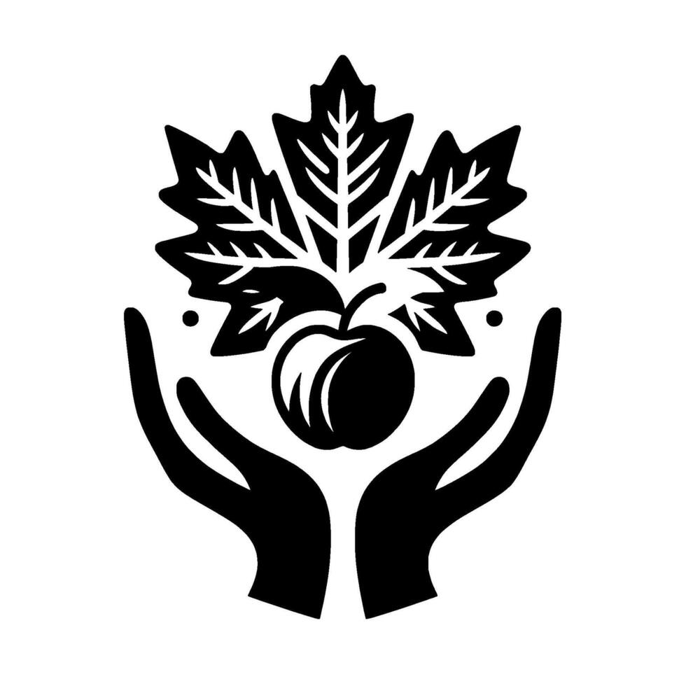 A stylized black and white illustration featuring hands cradling an apple beneath a cluster of maple leaves, conveying natures embrace. vector