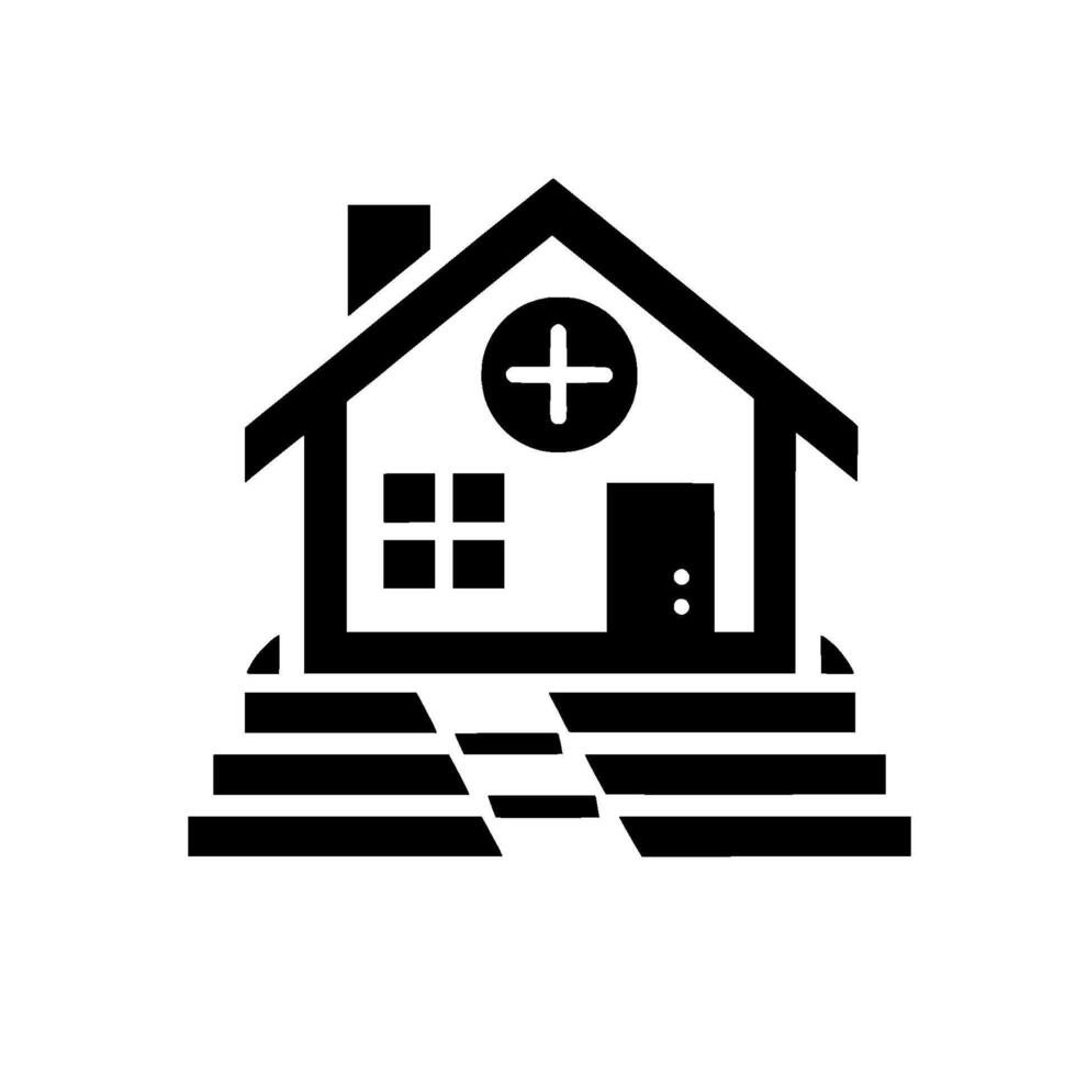 Monochrome Illustration of a Clinic or Hospital Building with a Cross Symbol, Steps, and Clean, Minimalist . vector
