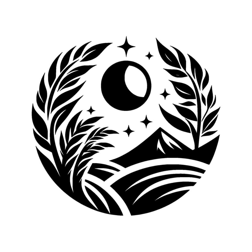 A minimalist black and white circular featuring a crescent moon, stars, mountain silhouette, and stylized plant life, evoking a sense of tranquility. vector