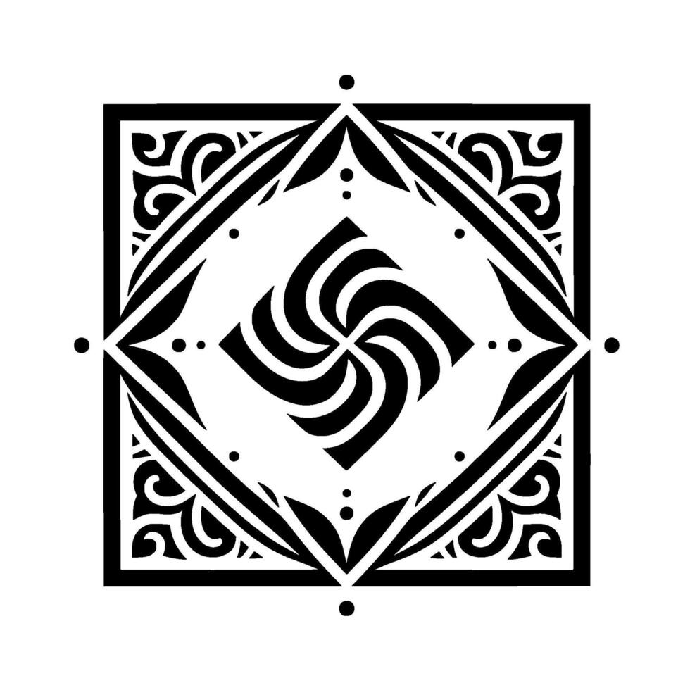 Elegant Black and White Geometric Mandala with Swirling Center, Decorative Flourishes, and Symmetrical Composition. vector