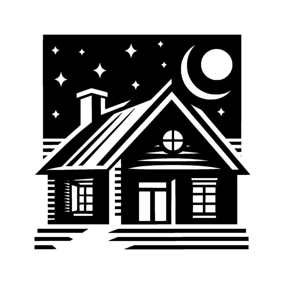 A stark black and white illustration depicts a cozy house under a starlit night sky, with a crescent moon and stylized stars. vector