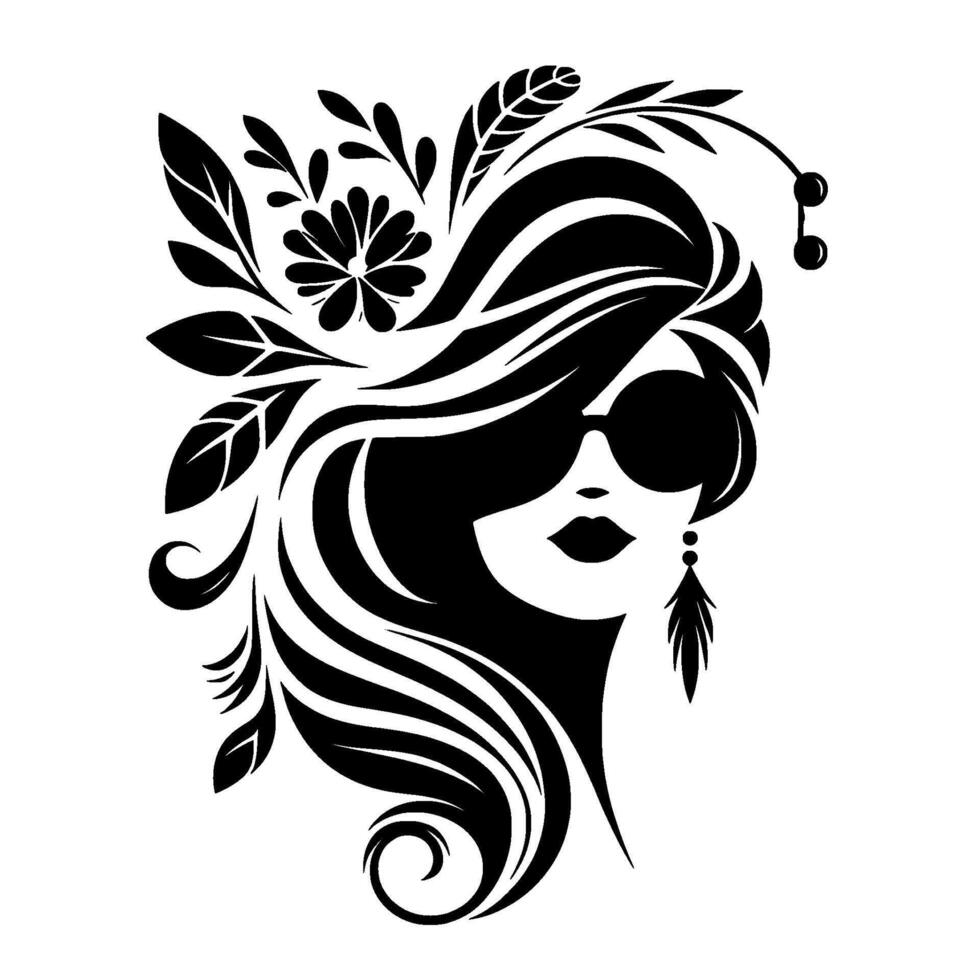 Elegant Silhouetted Woman with Sunglasses, Floral Hair Adornments and a Feather Earring, rendered in Black and White on a Minimalist Background. vector