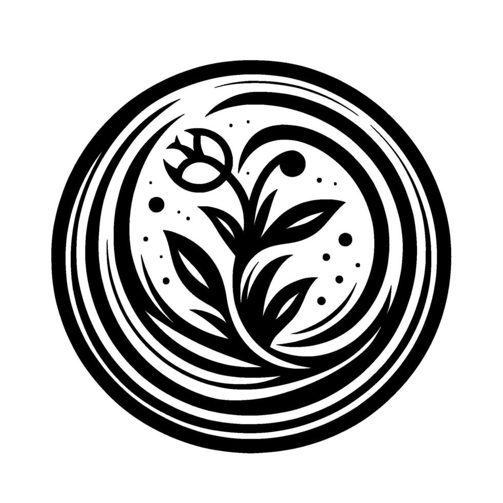 Intricate monochrome floral within a circular frame, featuring a stylized flower and leaves, evoking a sense of elegance and botanical beauty. vector