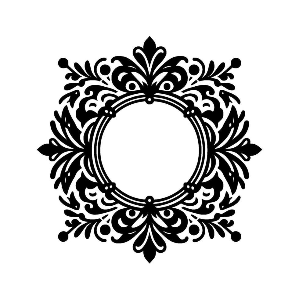 Intricate Black and White Floral Crest A symmetrical featuring a central circular frame, adorned with ornate botanical embellishments, set against a clean white background. vector