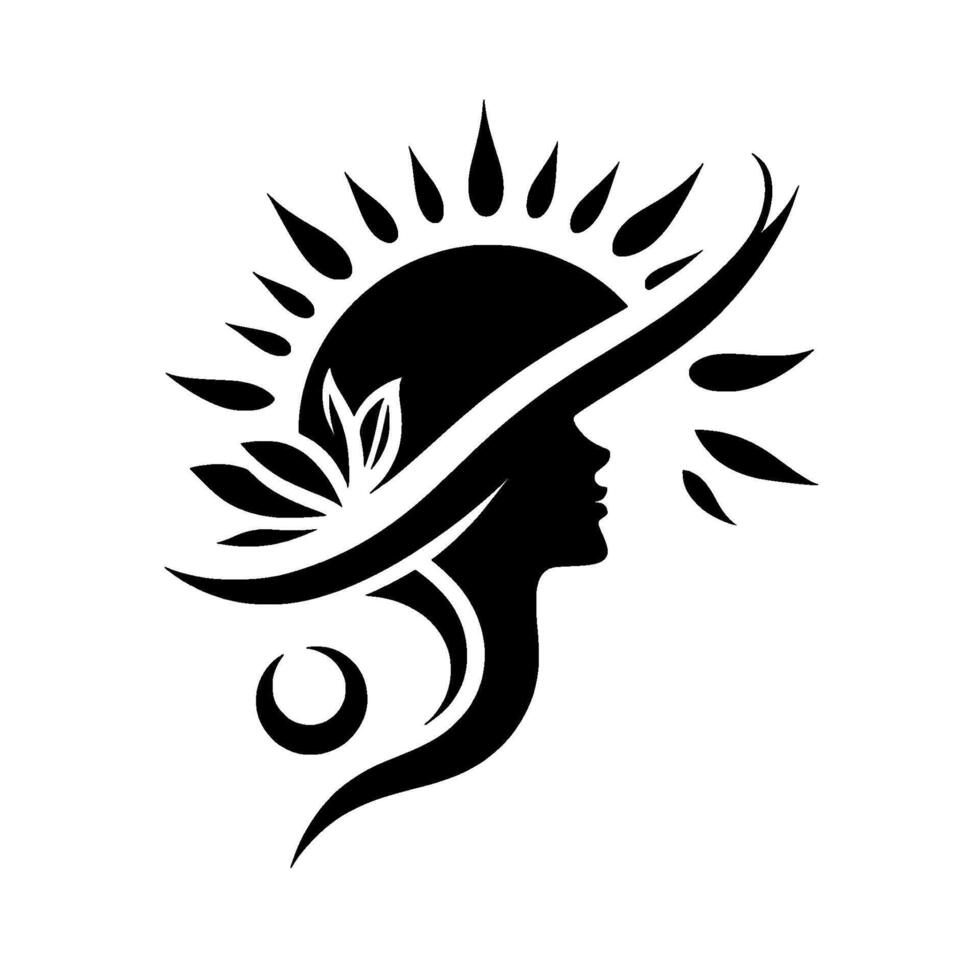 Elegant Silhouette of a Woman Wearing a Sun Hat with a Sunburst , Incorporating Leafy Elements, Expressing Summer Solstice. vector