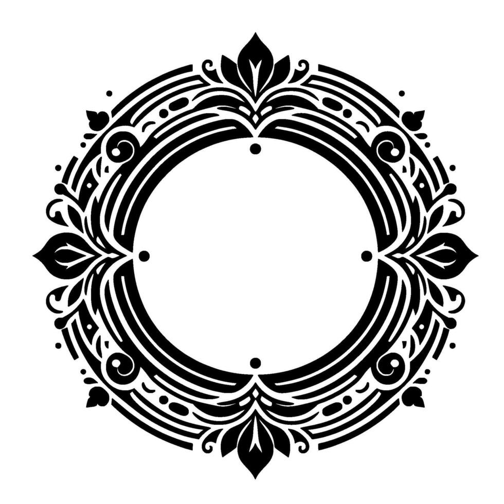 Elegant monochrome circular floral with ornate detailing featuring symmetrical leaf and line patterns. vector