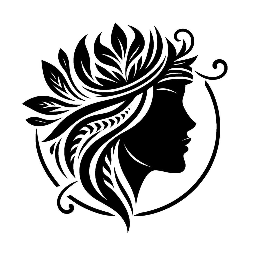 Elegant Silhouette of a Woman Adorned with Floral Headdress and Flowing Hair Within a Circular Frame, Representing Grace and Nature. vector