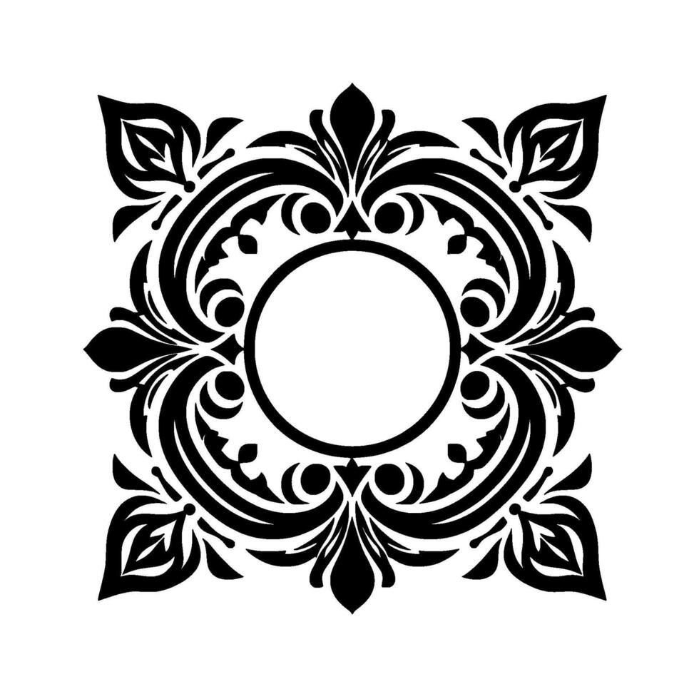 Intricate Black and White Ornamental Featuring Symmetrical Floral and Leaf Elements Surrounding a Central Circular Space, Evoking a Sense of Elegance. vector