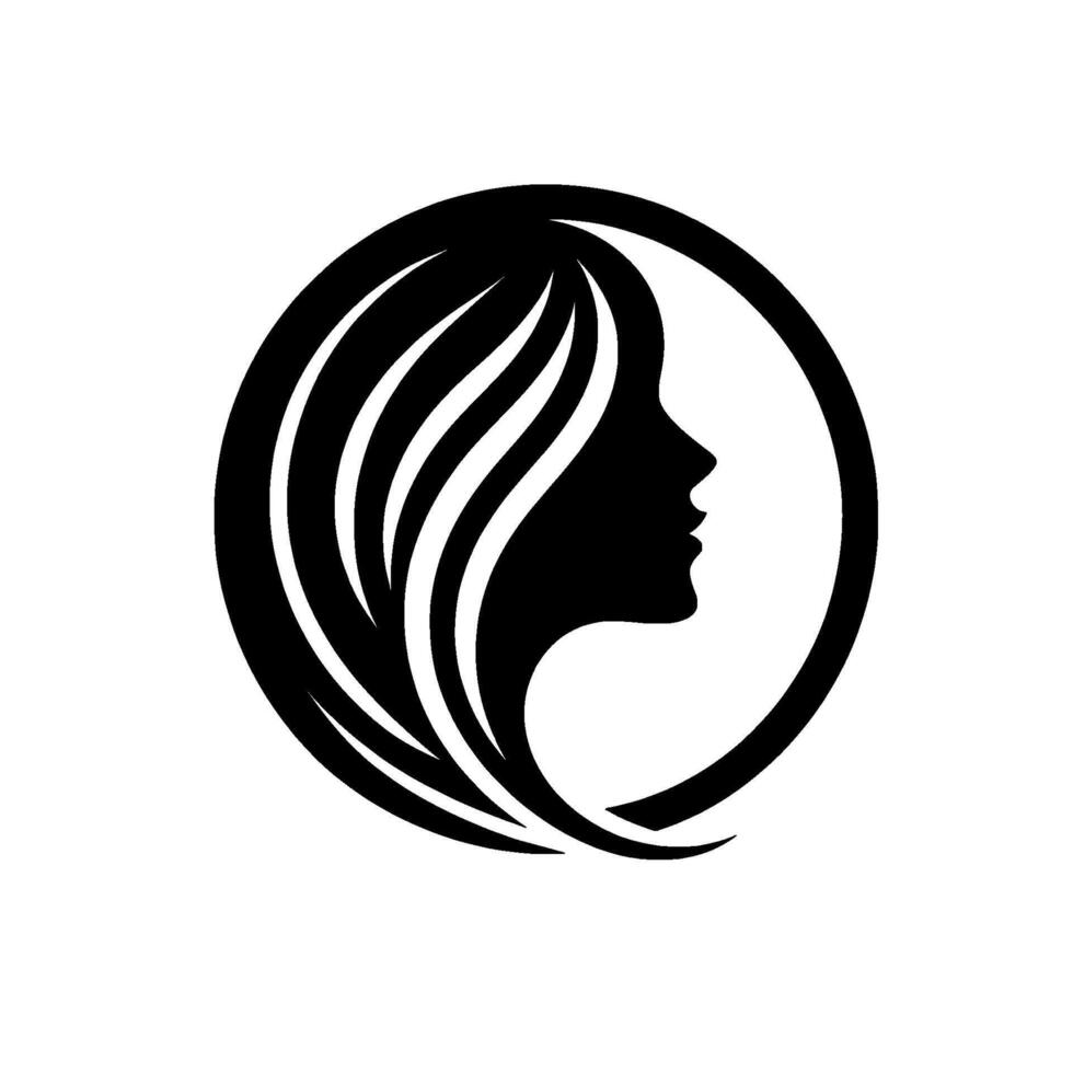 Elegant Silhouette of a Womans Face and Flowing Hair Enclosed within a Circular Frame, Clean and Minimalist . vector