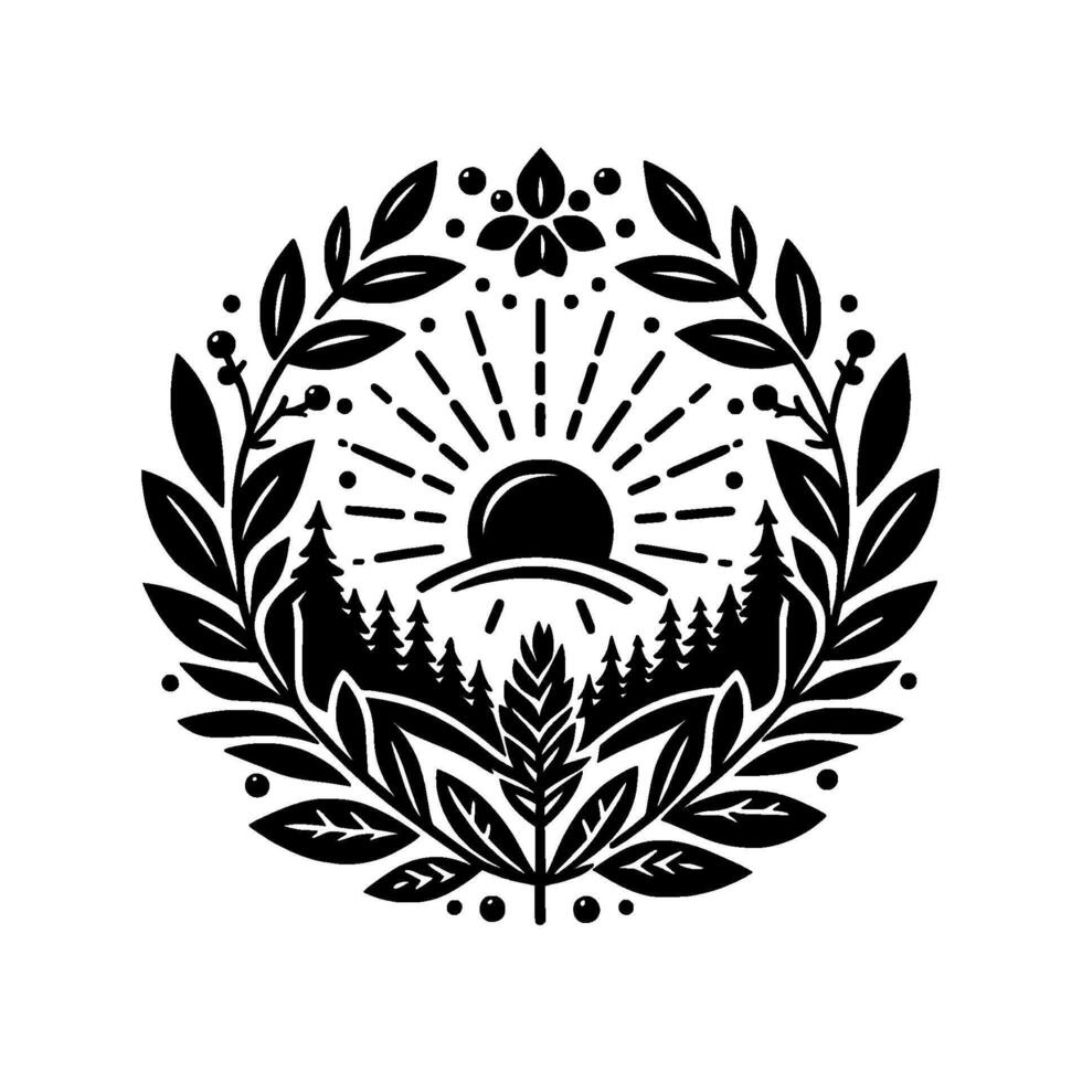 A circular black and white depicting a sunrise over a pine forest, framed by leaves, berries, and a central flower, evoking a sense of tranquility and nature. vector