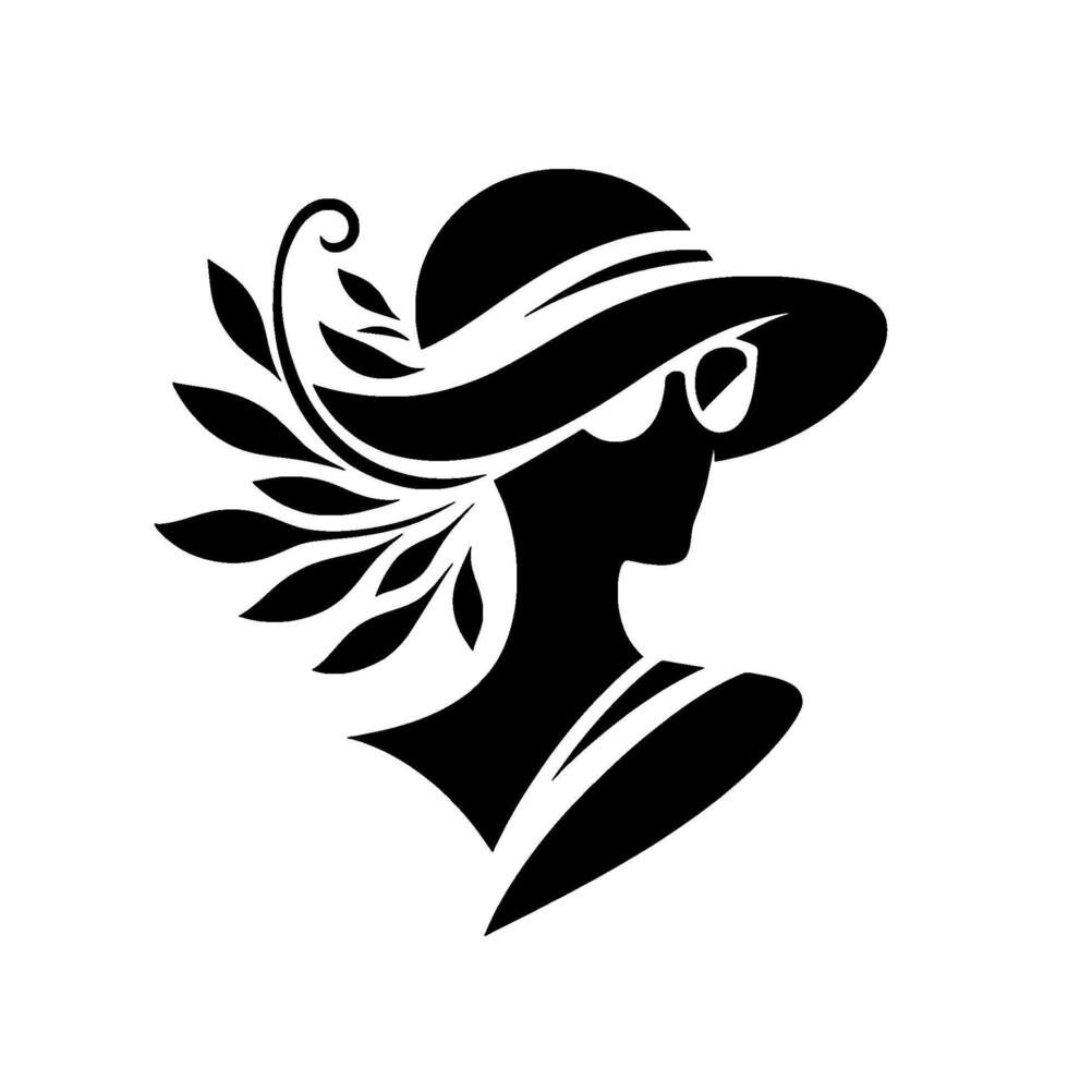 Elegant Silhouette of a Woman in a Widebrimmed Hat and Sunglasses Adorned with Leaves, Composed in Black and White on a Clean White Background. vector
